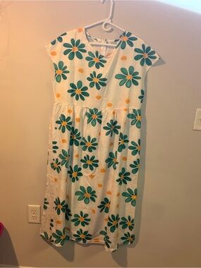 Girls White Floral Print Dress with Green and Yellow Flowers